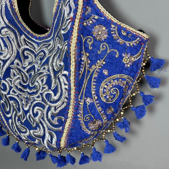 Boho Cross body Bag Tote Blue Colbalt India tassels beaded festival hippie - Picture 3 of 8